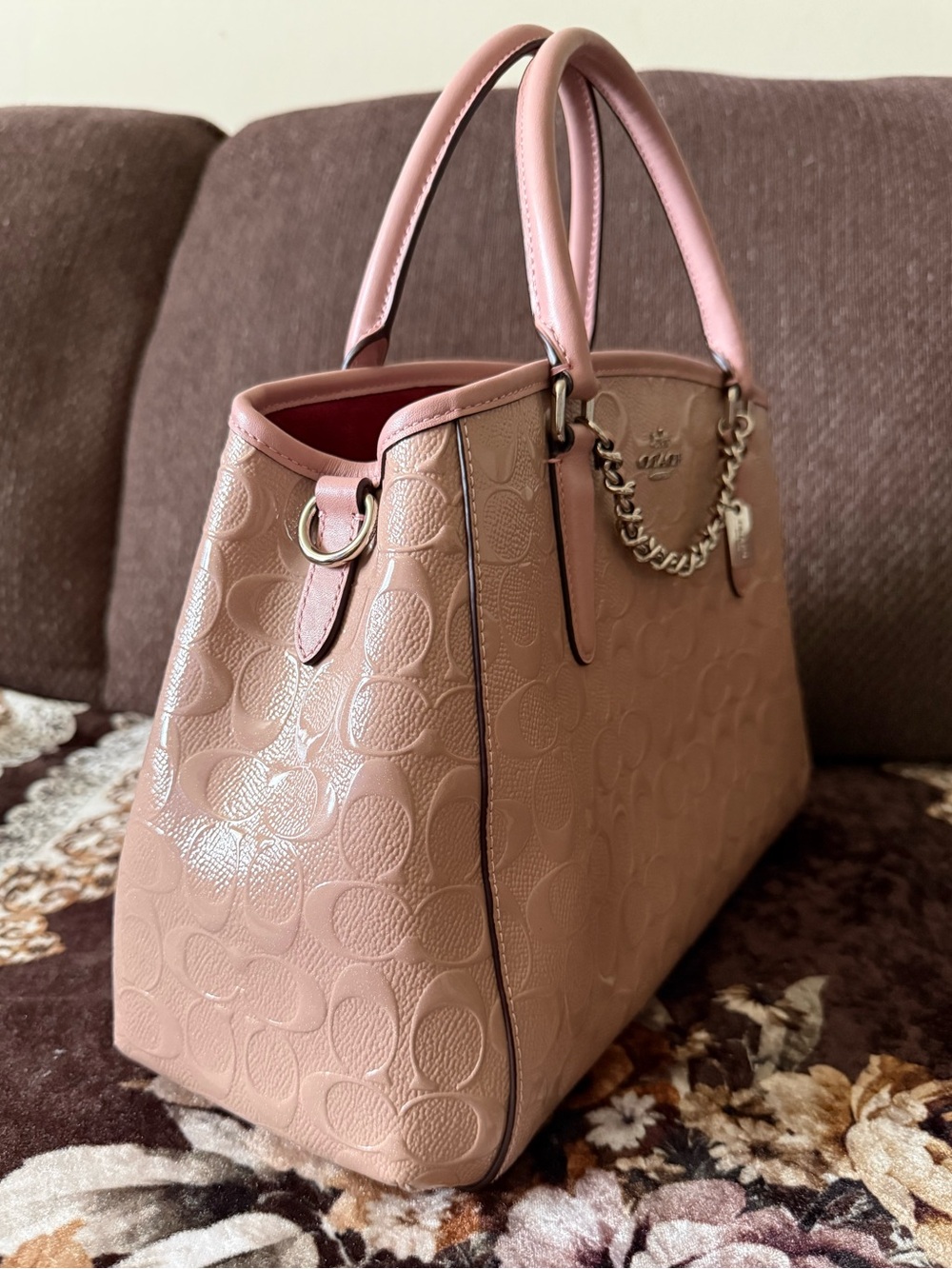 COACH Signature Logo Patent Leather Silver-Tone Margot Blush Pink Carryall Bag - Picture 3 of 15
